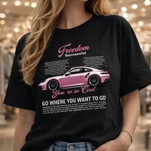 Camiseta de algodón para mujer con estampado de coche deportivo rosa, estilo Freedom Successful Cool. Camiseta casual para mujer, ideal para uso diario o como camiseta conmemorativa para amigos o seres queridos. También adecuada como suéter. Entrega rápida. - Negro - Ver 6