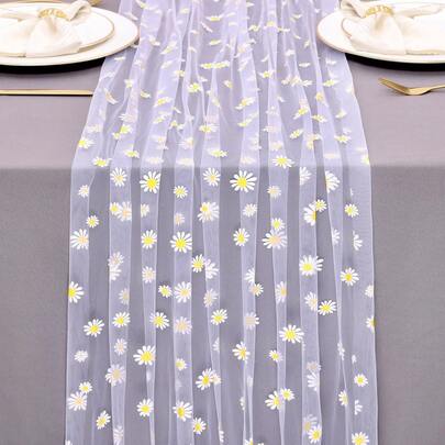 White Daisy Summer Tulle Table Runner Seasonal Flower Sheer Gauze Table Runner Dining Birthday Party Wedding Christmas Holiday Decor For Home Party Decorations