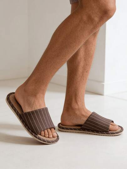 Striped Linen Slippers, Unisex Indoor Soft Sole Non-Slip Breathable Quiet Slippers For Spring, Suitable For Men And Women