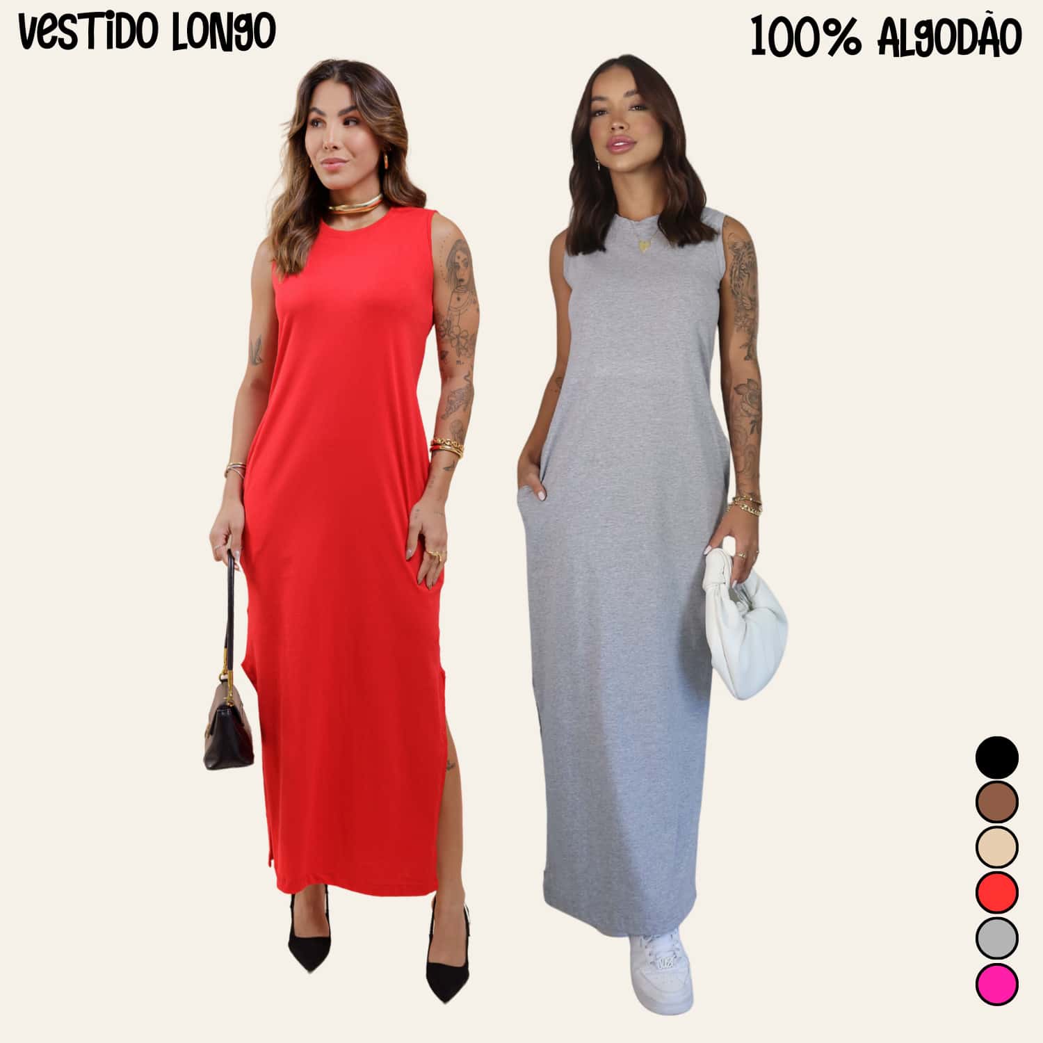 Women's Long Dress Set With Side Slit And Pockets - Red + Gray - View 1