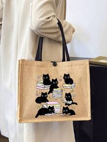 2 pièces/set Sac fourre-tout en jute imprimé chat mignon avec pochette intérieure, sac à bandoulière en canevas spacieux avec sac de rangement assorti, convient pour un usage quotidien pour transporter des épiceries, des livres, des articles essentiels, idéal pour les amateurs de chats, les femmes, les étudiants, les navetteurs, parfait pour les sorties de tous les jours, les courses, l'école, le marché fermier, peut également être utilisé comme sac à main décontracté. - Multicolore - Voir 9