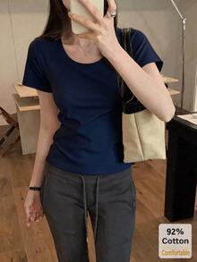 短袖T恤，百搭短袖T恤，女士短袖上衣，修身纯色打底衫，休闲夏季 - 藏青色 - 查看 4