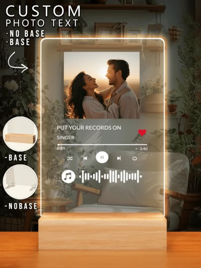 1pc Custom Music LED Night Light, Custom LED Music Plaque, Personalized LED Light With Picture And Wooden Base, Personalized Song Acrylic Plaque, Custom Picture Song Light, Music Photo Plaque Gift, Light Up Music Plaque, Valentine's Day Gift, Couple Gift, 1st Anniversary Gift, Housewarming Gift, Gift For Boyfriend/Her/Wife/Husband