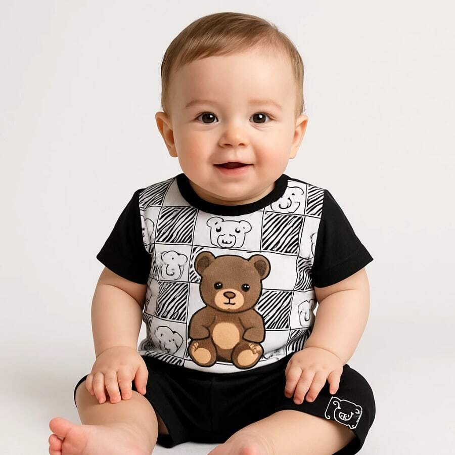 Baby Boy Romper Set Little Boy Bear Teddy Bear Style Fashion Outing 6 To 9 Months - 黑色 - 查看 1
