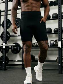 ZULIZ Quần short thể thao nam màu trơn, cạp cao, có túi, kiểu dáng thường ngày, màu đen. - màu đen - Xem 6