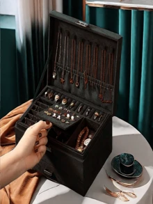 New Luxury Jewelry Storage Box, Elegant Dark Green Color, High-End Delicate Design For Necklaces, Earrings, Bracelets, Large Capacity Multi-Layer Storage Valentine's Day Sun Travel Cool Back To School - 彩色 - 查看 18