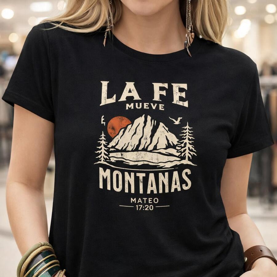 Camiseta de algodón para mujer con el  bíblico en español "La vida mueve montañas". Camiseta gráfica para mujer, ideal para uso diario o como camiseta conmemorativa para amigos o seres queridos. También adecuada como suéter. Entrega rápida. - Negro - Ver 1