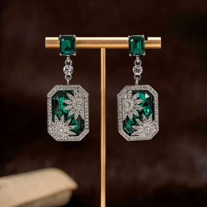 1 Pair Exquisite Elegant Square Glass Rhinestone Lotus Palace Style Women's Party Banquet Jewelry, Suitable For Daily Wear