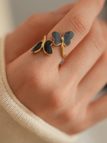 1 pieza Anillo de mariposa calado esmaltado versátil y de moda - Dorado - Ver 7