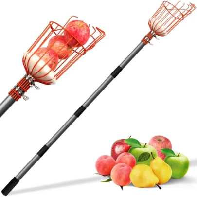 8FT Fruit Picker, Adjustable Fruits Picker Tool With Lightweight Stainless Steel Pole And Big Basket, Fruit Catcher Equipment Tree Picker For Apples Mango Pear Orange Avocados Fruit Picking