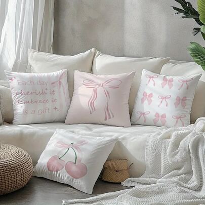 4PCS Pink Bow Cherry Blossom Watercolor Printed Pillowcase - Modern Pillow Texture Polyester Fiber With Zipper Washing Machine Washable Fresh Decoration Sofa Office Living Room Single-Sided Fashionable Design Modern Decoration Pillow (Excluding Pillow Core)