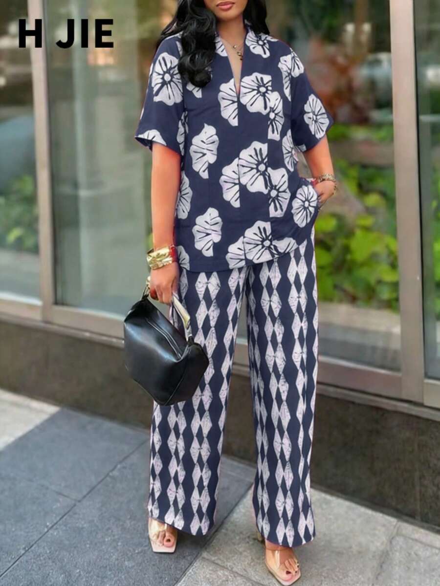 波西米亚风V领上衣搭配几何菱形印花阔腿裤,女士时尚休闲两件套,夏季度假必备 - 藏蓝色 - 查看 1
