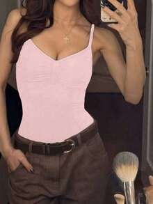 VIVINA Women's Petite Summer Solid Color Casual Minimalist Ruched Camisole Bodysuit - Baby Pink - View 2