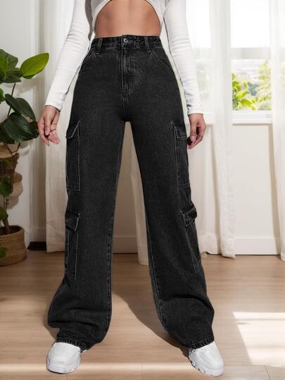 Pantalones vaqueros Cargo de Mezclilla para Mujer, Jeans negros casuales y versátiles - Corte Rectos Casual con Múltiples Bolsillos Laterales, Ideal para el Día a Día