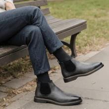 男士切尔西靴，休闲复古风踝靴 - 灰色 - 查看 3