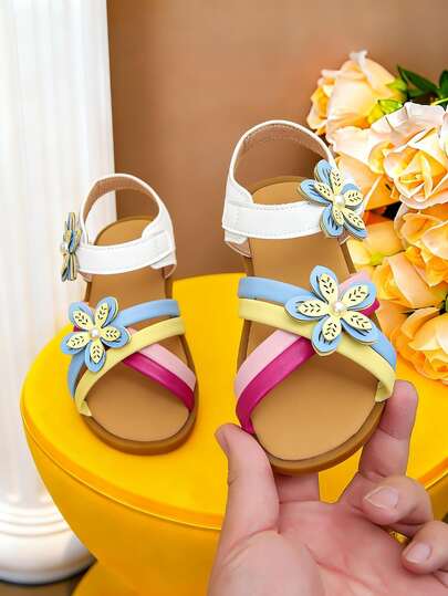 Girls' Colorful Striped Open Toe Sandals With 3D Flower Decor