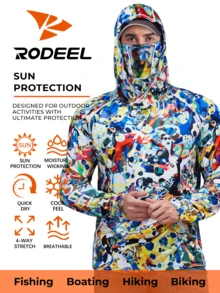 RODEEL 男士連帽衫附面罩 - 柔軟輕盈 - 適合戶外釣魚、划船、徒步、屋頂作業、木工、建築與景觀美化 - 紅色 - 查看 1