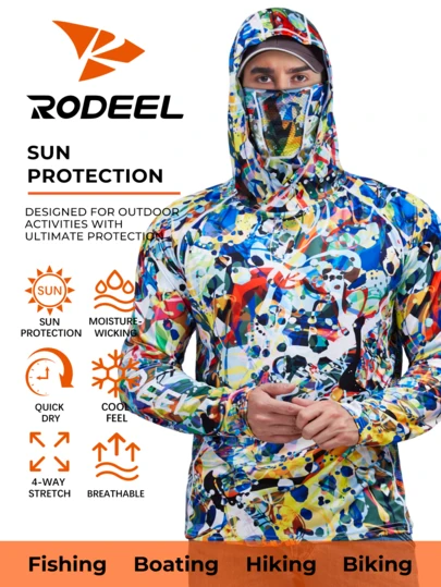 RODEEL Men's Hooded Neck-Warming Mask Sweatshirt Long-Sleeve Soft And Lightweight Four-Way Stretch Ideal For Outdoor Hiking, Fishing, Boating, Roofing, Landscaping, Gardening, Construction