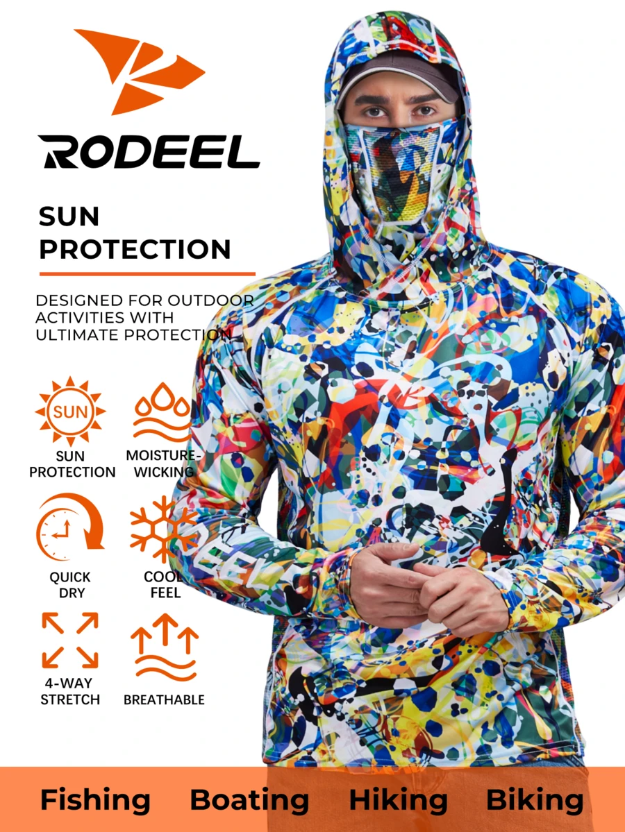 RODEEL 男士連帽衫附面罩 - 柔軟輕盈 - 適合戶外釣魚、划船、徒步、屋頂作業、木工、建築與景觀美化 - 紅色 - 查看 1