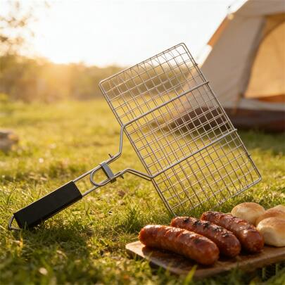 Stainless Steel Fish Grilling Basket, Folding Portable BBQ Grill Basket For Fish Vegetables Shrimp With Removable Handle, Outdoor Camping Picnic Barbecue Tool, /2/4 Packs