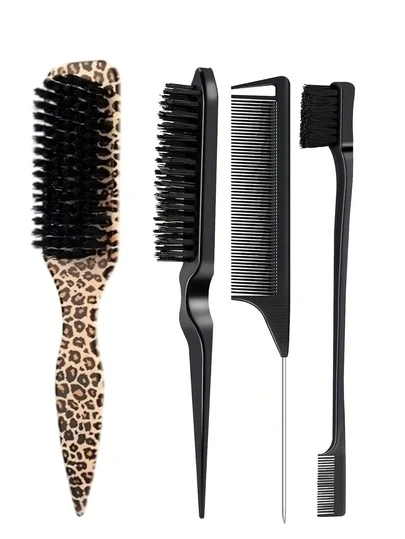 4pcs Leopard Print Smooth Hair Comb Set, Unisex Professional Styling Brush, Includes Tail Comb, Suitable For All Hair Types, Ideal For Braiding, Ponytails And Natural Hairstyles, Professional Hairstyling Tool