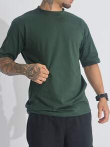 Kit 2 Men's Oversized T-Shirt Streetwear Plain Cotton Basic Collar - xanh quân đội - Xem 3