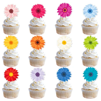 12个花朵生日纸杯蛋糕装饰插牌，野花主题派对装饰，色彩缤纷的野花和蝴蝶纸杯蛋糕插签，盛开的花朵纸杯蛋糕装饰，适合花卉主题派对、生日派对、性别揭晓派对