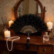 复古黑白羽毛手扇，饰以金色蕾丝花边和珍珠流苏——优雅哥特洛丽塔维多利亚风格扇子，适用于婚礼新娘、角色扮演、万圣节服装、拍照道具、茶会装饰 - A - 查看 3