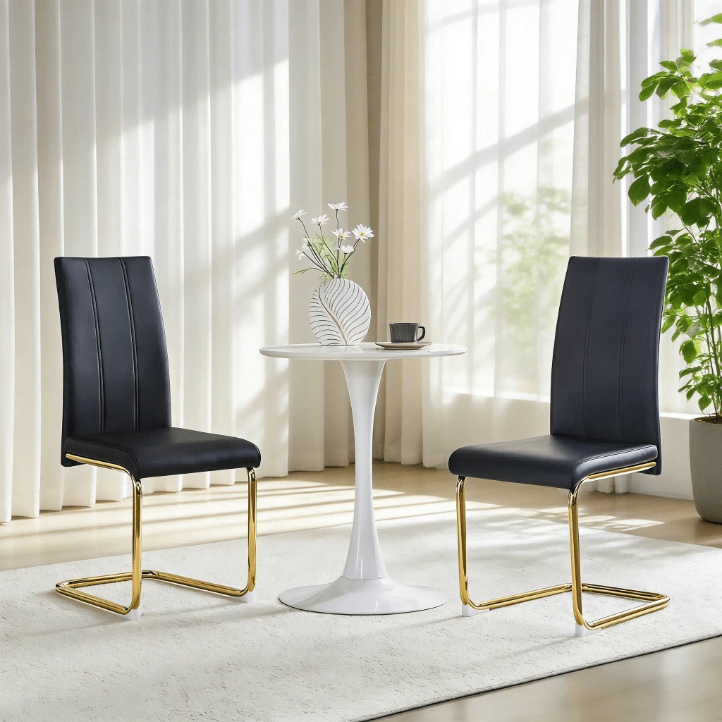 MUUOKY 2026 New Dining Chairs Set Of 2, Modern Faux Leather Upholstered Dining Room Chairs With Thick Cushioned Seat And Backrest, Sturdy Metal Legs Kitchen Side Chairs For Small Space Apartment And Living Room, Easy Assembly, Perfect For Christmas And Thanksgiving Decor - 黑+金 - 查看 1
