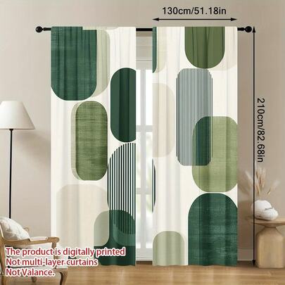 2PCS Geometric Green Harmonious Curtains, Made Of Polyester Material, With Pole Pockets To Protect Privacy, Suitable For Living Rooms, Offices, And Homes, Designed Specifically For Living Rooms, 2D Flat