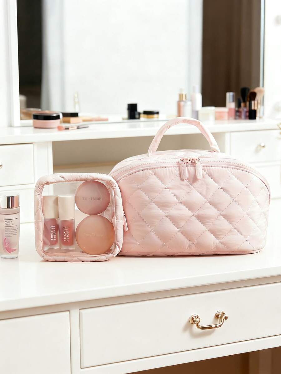 2pcs Cosmetic Bag Set, Large Capacity Dustproof Portable Makeup Bag, Makeup Brush Organizer, Multi-Functional Travel Toiletry Bag - Multicolor - View 1