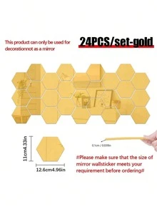 24片装六边形3D亚克力镜面墙贴 - 易撕易贴，黑、白、黄三色可选，适用于客厅、卧室、厨房等场所的DIY装饰 - 现代几何设计，带保护膜，房间装饰点缀 | 六边形镜面墙贴 | 易于安装的墙贴 - 六邊形 - 查看 14
