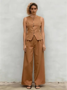 Women's Tailored Set Wide Leg Pant With Vest Elegant Casual Plain Social Simple Button Pocket Plain Women's Suit, High-Waisted Straight Casual Pants, V-Neck Cardigan, Sophisticated Look, High Quality, Modern Look, Versatile Piece, Elegant Style, Two-Piece Set, Casual Chic Look, Comfortable And Stylish, Skirt With Pockets, Elastic Waistband, Eye-Catching Piece, Perfect For Spring And Summer, Blogger Style, Casual And Formal, Suitable For All Occasions, Elegant And Fresh, Feminine Look, Summer 2025 Collection. - 摩卡棕 - 查看 7