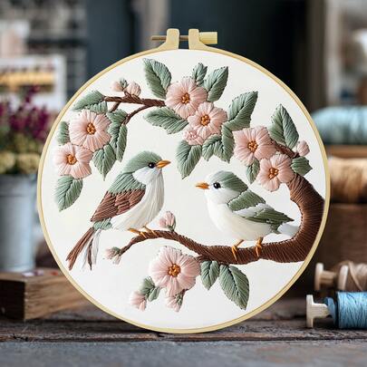 1 Embroidery Set, Size 15 * 15cm/5.9 * 5.9in-20 * 20cm/7.9 * 7.9in, Themed Bird On A Tree Branch, With Embroidery Frame, Handmade DIY Embroidery Set, Suitable For Adults And Beginners, Including User Manual, Printed Pattern Fabric, Embroidery Frame, Needle And Thread, Etc. It Can Be Used As A Home Decoration And Gift Choice For Family And Friends