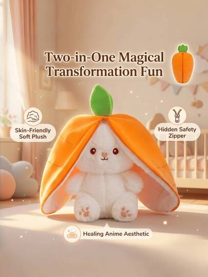 这款创意双面胡萝卜兔毛绒玩具采用拉链变形设计，一面是橙色胡萝卜图案，搭配绿色叶子细节，还有可爱的白色兔子造型，脸颊红润，爪印可爱。