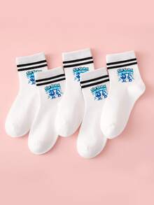 5双装儿童双条纹校园袜，字母67装饰，运动中筒袜，休闲百搭，适合日常穿着、节日礼物、返校季、新学期 - 彩色 - 查看 1
