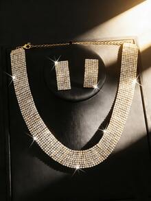 Conjunto de collar y aretes con amplio cuello muy enjoyado, joyería brillante para fiestas, Pascua, Día de la Madre - Dorado - Ver 3