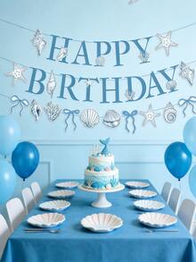 1 Set/2 Sets/3 Sets/5 Sets Blue Bow, Starfish, Shell Happy Birthday Banner Decorations, Suitable For Ocean Beach Theme Birthday Party, Mermaid Summer Holiday Decor - Blue - View 3