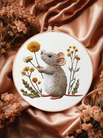 Zestaw do haftu 1-częściowy, 20 x 20 cm/7,9 x 7,9 cala, ręcznie robiony zestaw do haftu, słodka myszka, odpowiedni dla początkujących dorosłych, zawiera materiał do haftu, instrukcję obsługi, ramkę do haftu oraz igłę i nić, nadaje się na prezent dla przyjaciół lub rodziny, do mebli lub biura, ręcznie robione dzieło sztuki