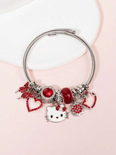 SANRIO 1. Vòng tay hình mèo hoạt hình dễ thương với mặt dây chuyền hình trái tim đính đá đỏ, thích hợp cho nữ đeo làm phụ kiện.