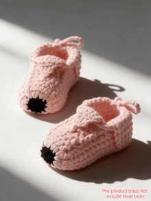 1双手工钩编婴儿鞋，粉色鞋面黑色鞋头，柔软针织新生儿鞋 - 淺粉色 - 查看 8