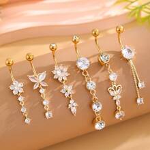 14G黄金垂坠式肚脐环套装（女士） - 6件套锆石蝴蝶花朵肚脐穿刺饰品 - 金色 - 查看 3