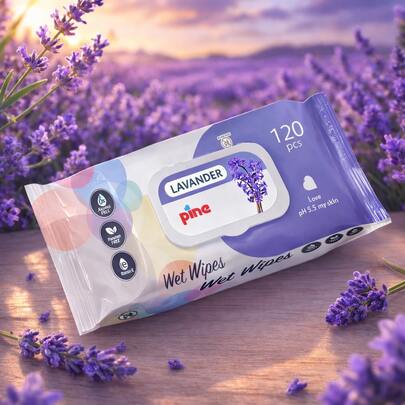 Toallitas húmedas PINE Lavanda (120/72 unidades): Toallitas limpiadoras con aroma a limón fresco, sin alcohol ni parabenos, enriquecidas con vitamina E, hipoalergénicas, pH 5,5. Toallitas húmedas multiusos para el hogar, la oficina, viajes, cuidado del bebé y limpieza facial y de manos.
