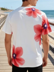 男士百合花印花短袖T恤，宽松透气休闲上衣，适合夏季度假 - 紅白色 - 查看 4