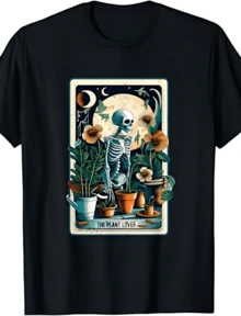Plant Lover Gardener Tarot Card Halloween Skeleton Moon T-Shirt - 黑色 - 查看 1