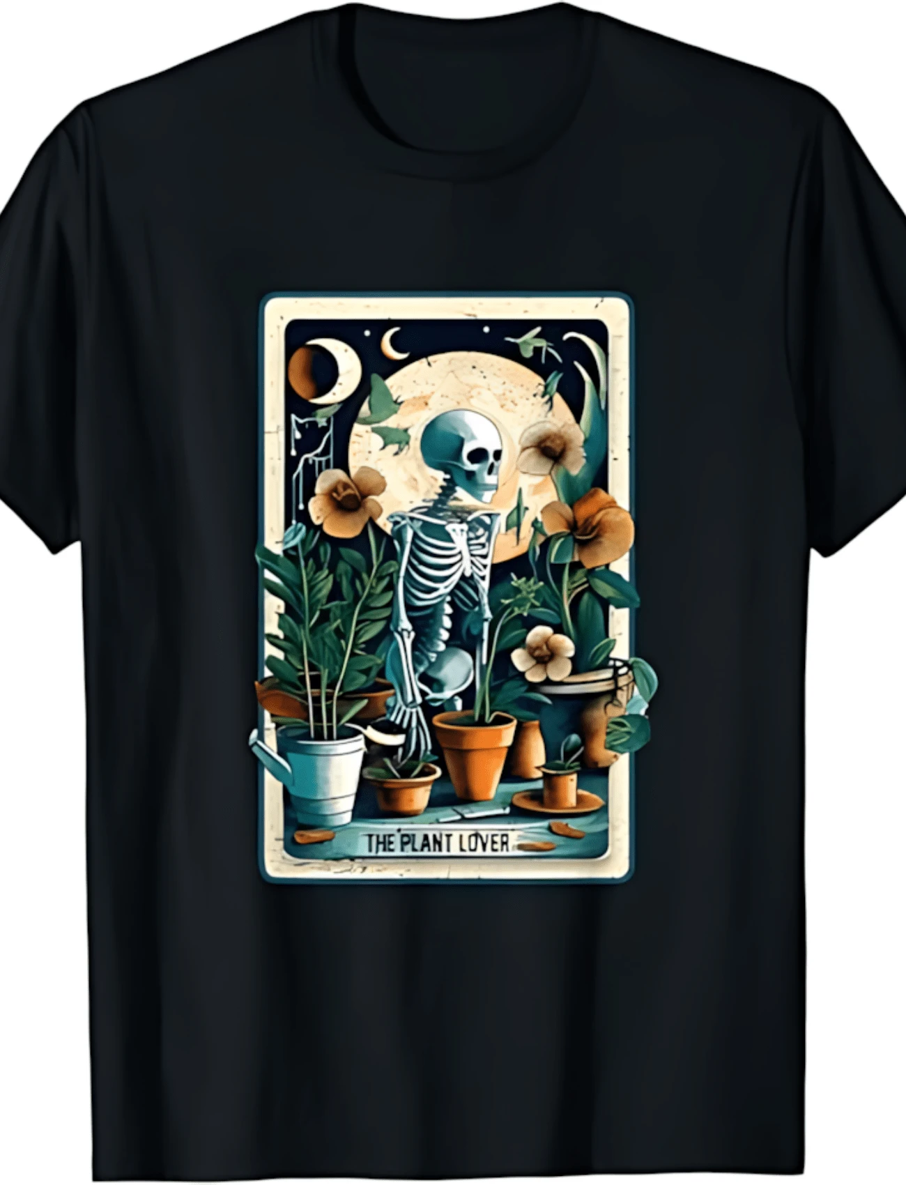 Plant Lover Gardener Tarot Card Halloween Skeleton Moon T-Shirt - 黑色 - 查看 1