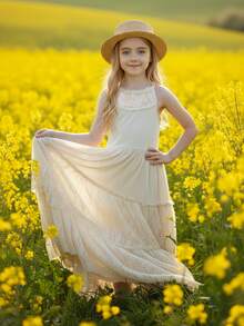 Tween Girl Floral Patterned Christmas Dress For Toddler Girls, Spaghetti Straps And Hollow Out Lace Back, Long Dress - Màu be - Xem 8