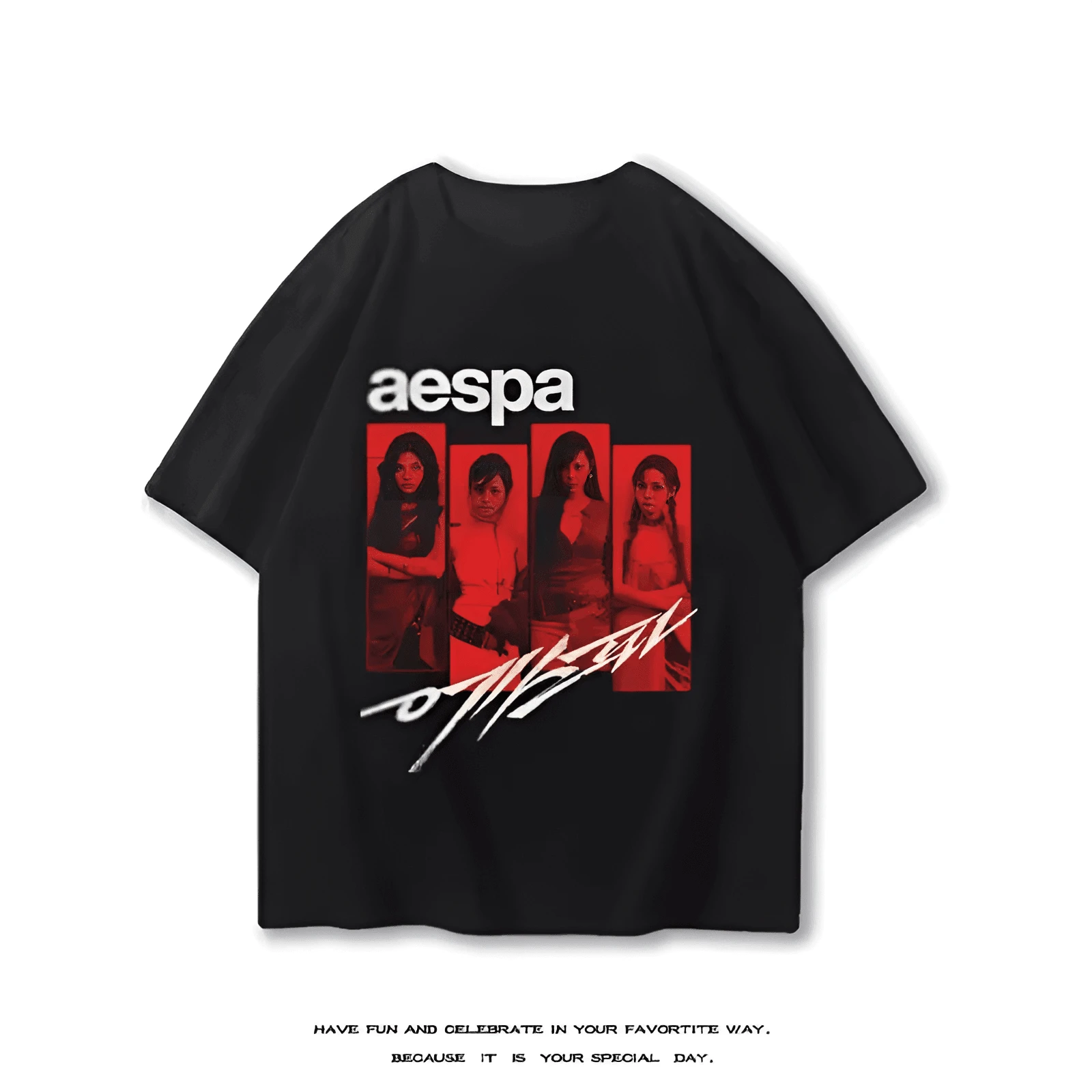 Aespa Band Around The Same Short-Sleeved T-Shirt Men And Women Summer Pure Cotton Retro Street Casual Half SleeveTrends - 黑色 - 查看 1