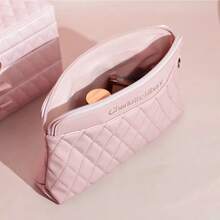 Charlotte Tilbury Quilted Cosmetic Bag, Velvet Texture Makeup Pouch With Gold Zipper Pull - Elevate Your Luxury Experience - Pink - View 2