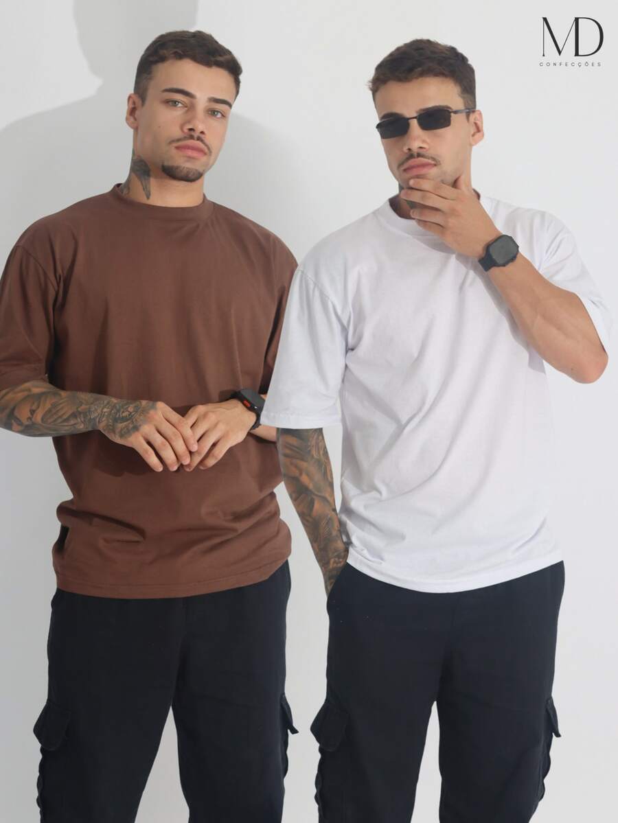 Kit Of 2 Men's Oversized Streetwear Plain Cotton Basic T-Shirts With Collar, Premium Casual Summer Style - màu nâu - Xem 1